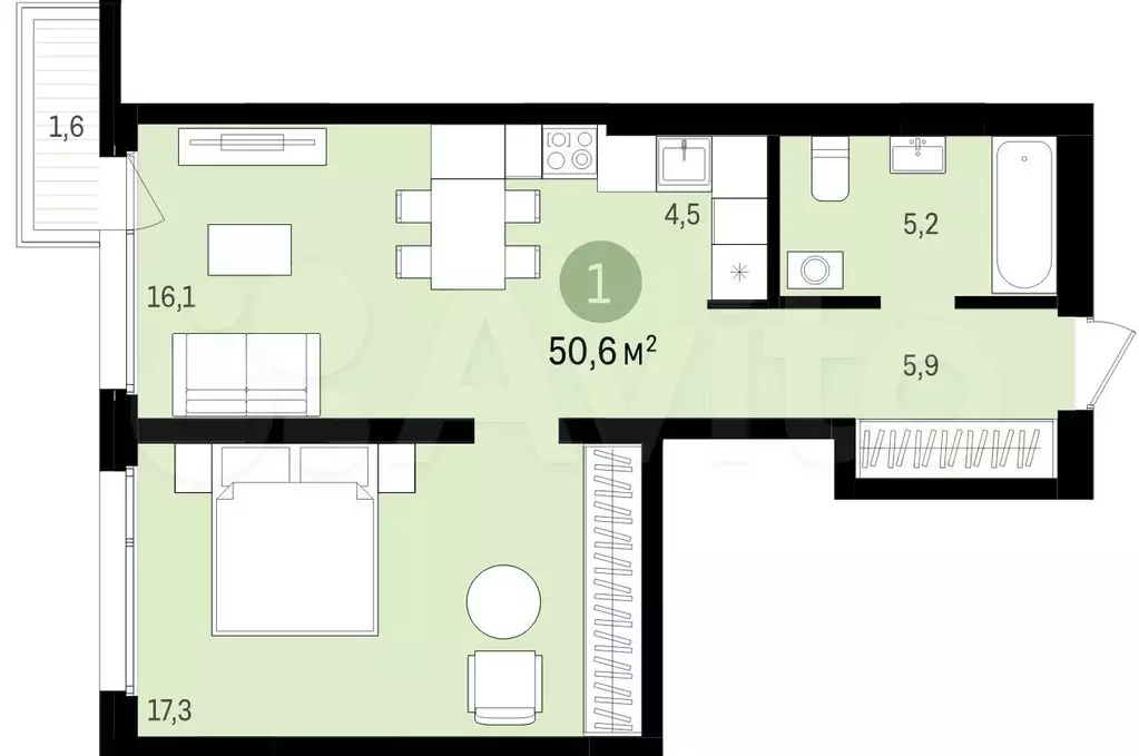 2-к. квартира, 51м, 3/7эт. - Фото 0