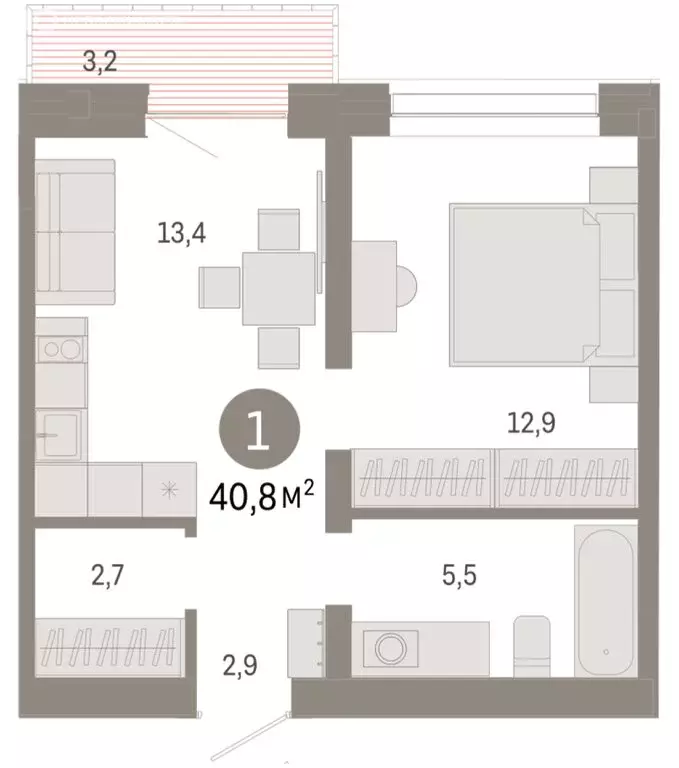 1-комнатная квартира: Тюмень, Причальная улица, 7 (40.77 м) - Фото 1