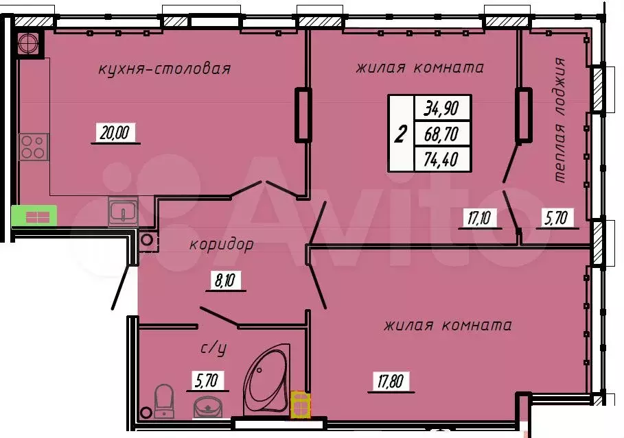 2-к. квартира, 74,4 м, 5/9 эт. - Фото 1