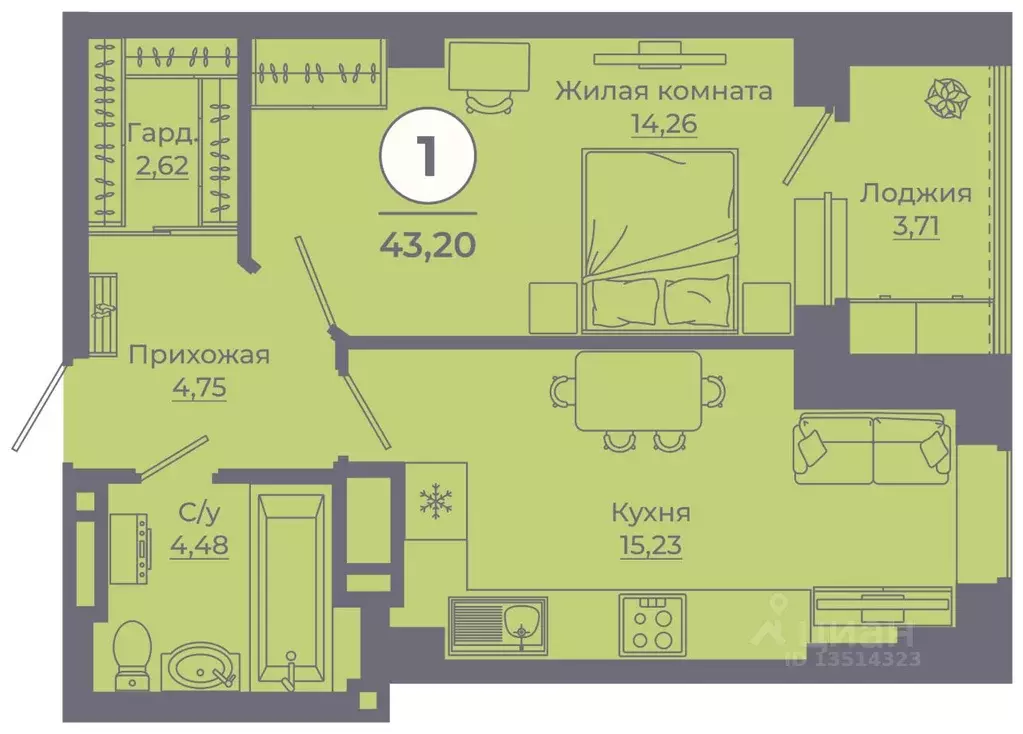 1-к кв. Ростовская область, Ростов-на-Дону ул. Еременко, 113 (42.78 м) - Фото 1