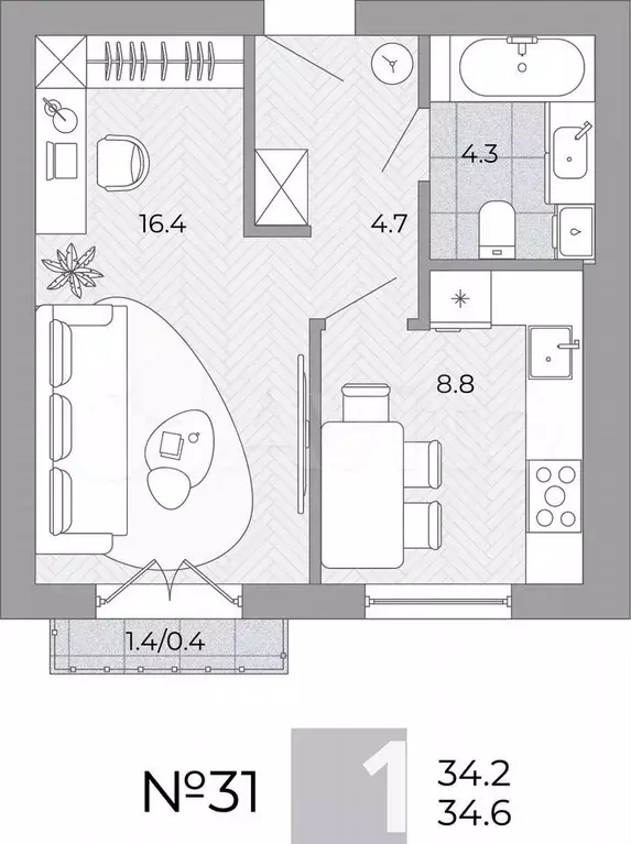 1-к. квартира, 34,6 м, 1/4 эт. - Фото 0