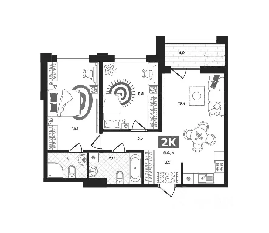 2-к кв. Тюменская область, Тюмень ул. Братьев Бондаревых, 5 (64.5 м) - Фото 0