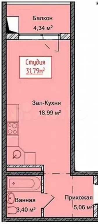 Квартира-студия, 31,8 м, 2/13 эт. - Фото 1