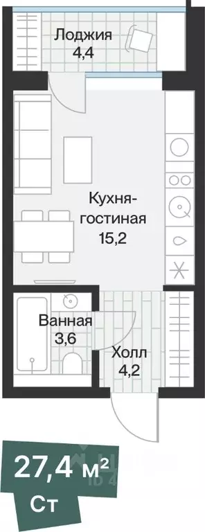 Студия Тюменская область, Тюмень ул. Игоря Комиссарова, 14 (25.19 м) - Фото 0