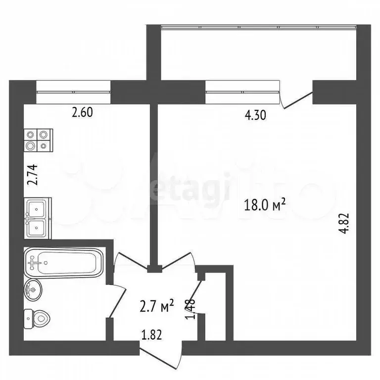 1-к. квартира, 32,4 м, 5/5 эт. - Фото 0