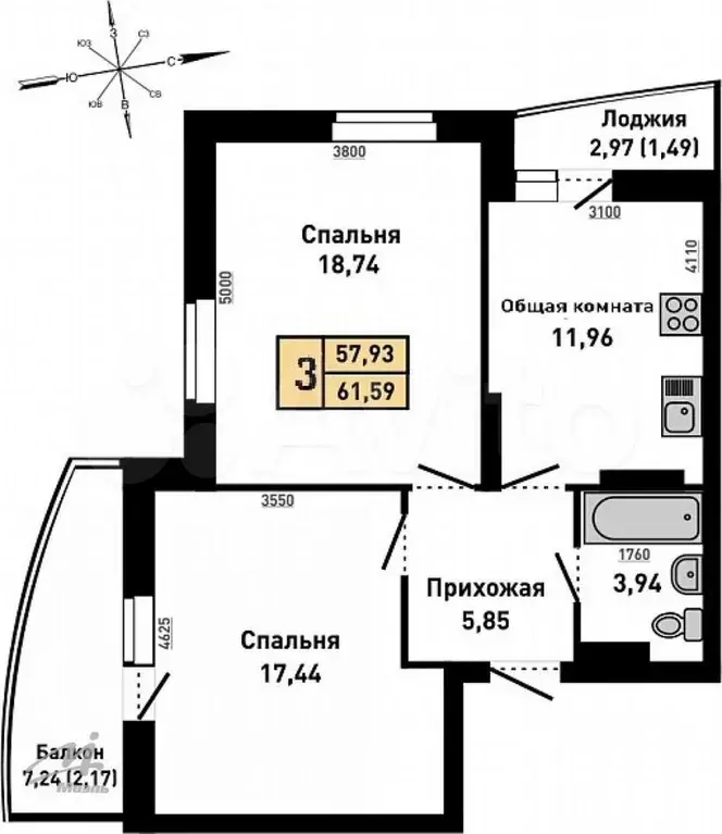 3-к. квартира, 61,6 м, 3/25 эт. - Фото 0