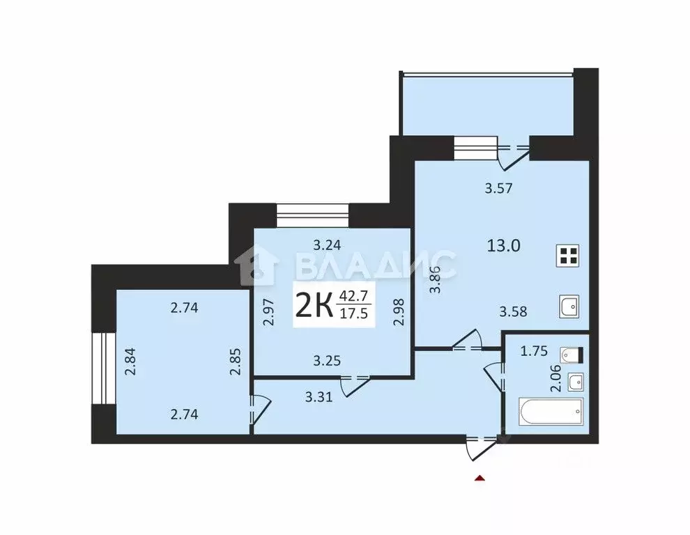 2-к кв. Вологодская область, Вологда Ольховая ул., 3 (42.7 м) - Фото 1