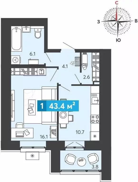 1-комнатная квартира: Засечное, Прибрежный бульвар, 5 (43.4 м) - Фото 1