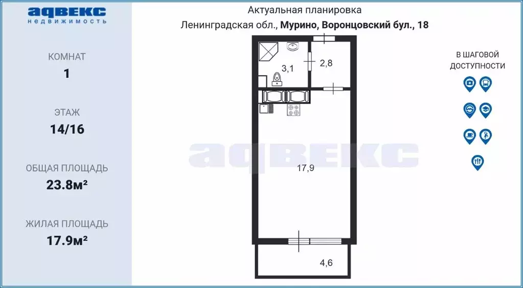 Студия Ленинградская область, Мурино Всеволожский район, бул. ... - Фото 1