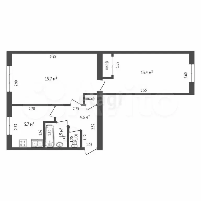 2-к. квартира, 43,3 м, 5/5 эт. - Фото 0
