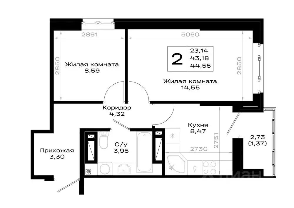 2-к кв. Ростовская область, Ростов-на-Дону Нефтекачка кв-л,  (44.55 м) - Фото 1