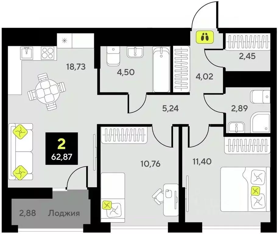 2-к кв. тюменская область, тюмень (62.87 м) - Фото 0