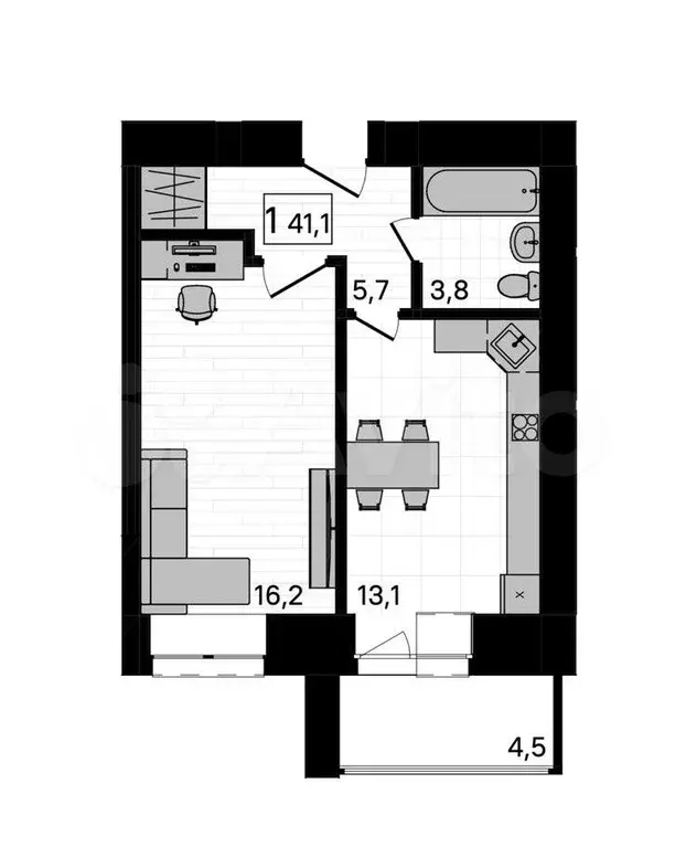 1-к. квартира, 41,1 м, 5/10 эт. - Фото 0