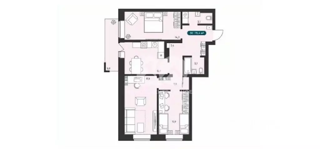 3-к кв. Новосибирская область, Новосибирск Приморская ул., 15с1 (74.24 ... - Фото 2