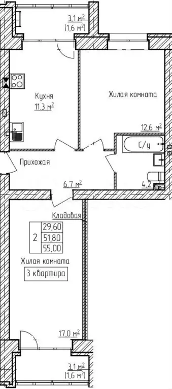 2-к. квартира, 55 м, 1/3 эт. - Фото 0