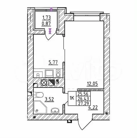 1-к. квартира, 26,4 м, 1/7 эт. - Фото 1