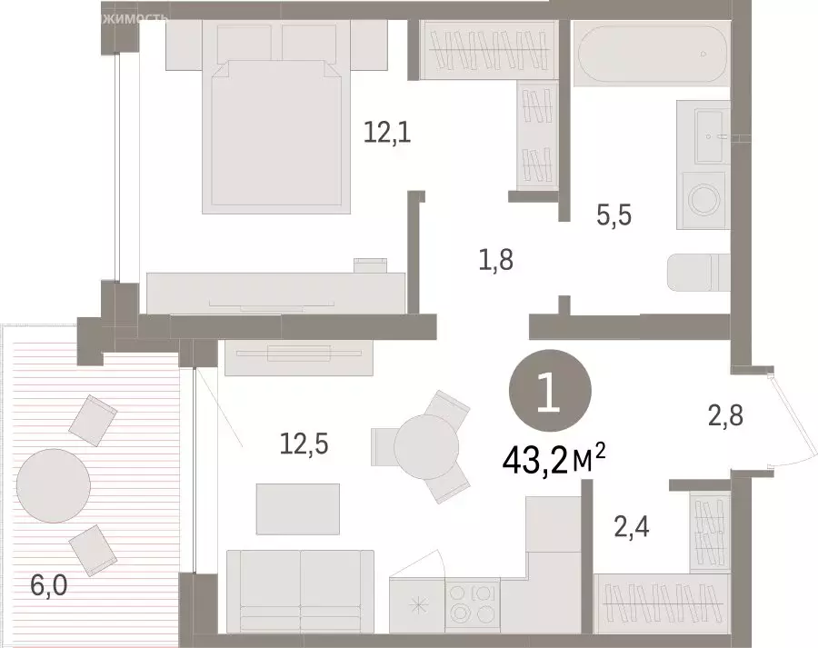 1-комнатная квартира: Тюмень, ЖК Дом у Озера (43.17 м) - Фото 1