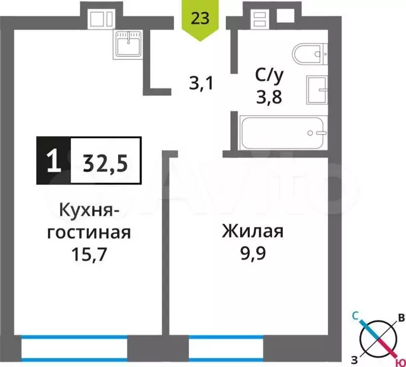 1-к. квартира, 32,5 м, 4/9 эт. - Фото 0