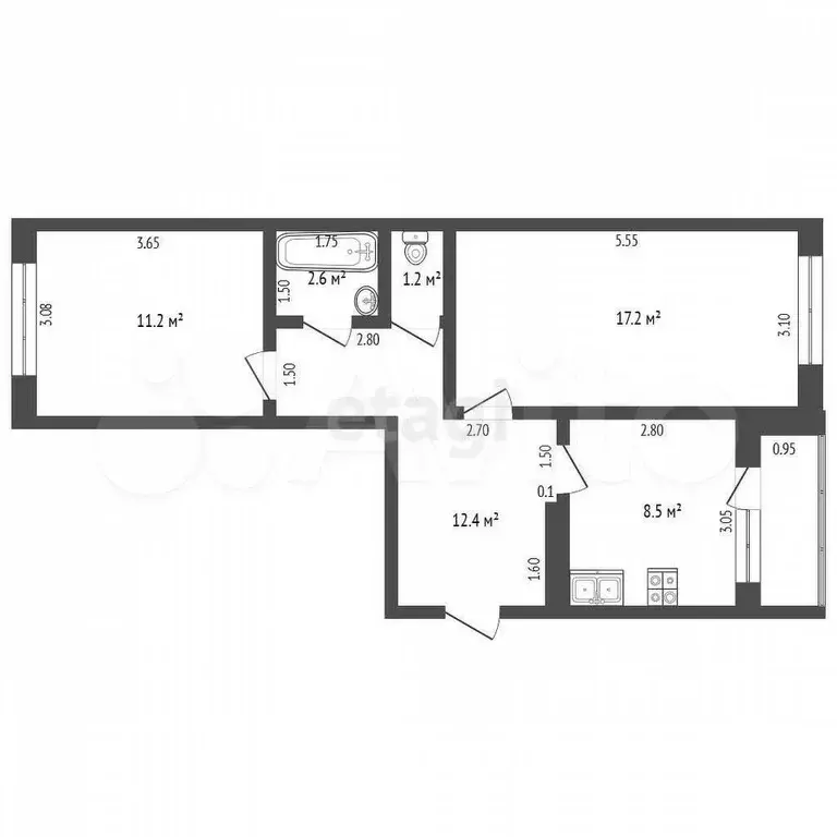 2-к. квартира, 55 м, 4/5 эт. - Фото 0