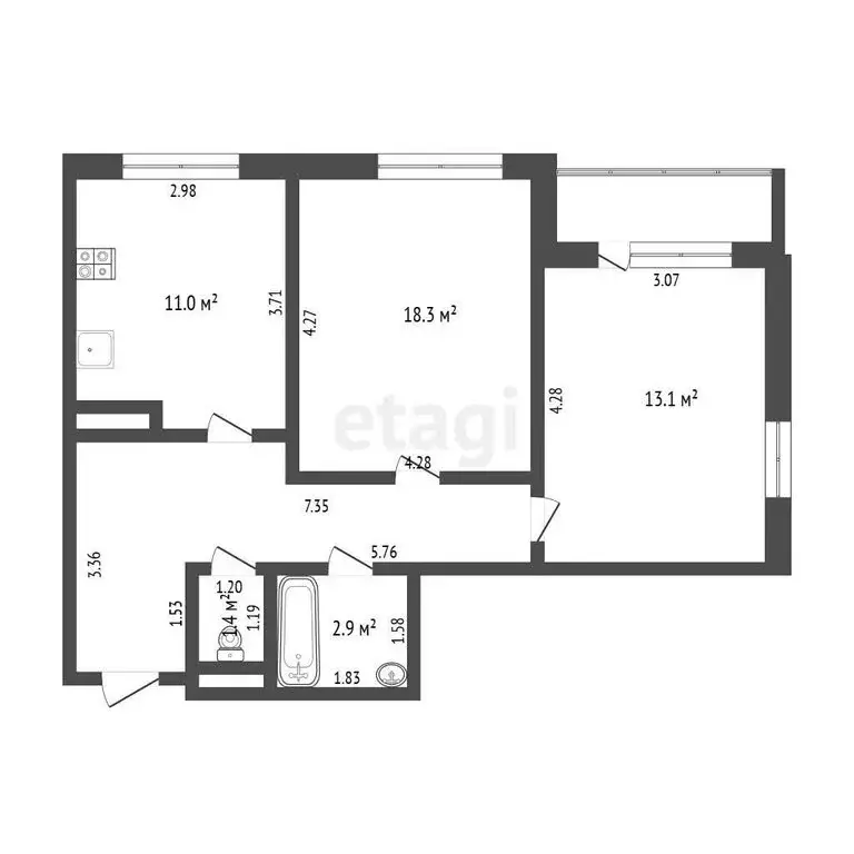 2-комнатная квартира: Тюмень, Велижанская улица, 68 (59.1 м) - Фото 1