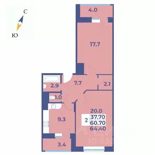 2-к кв. Москва № 27 кв-л, 95 (64.4 м) - Фото 0