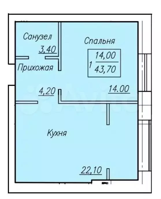 1-к. квартира, 44 м, 4/4 эт. - Фото 0