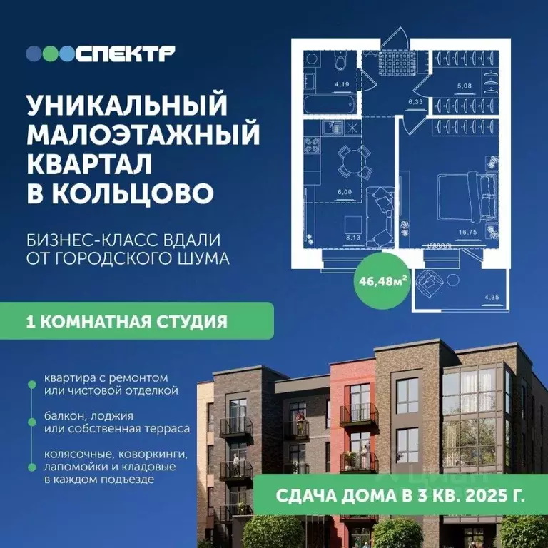 Студия Новосибирская область, Кольцово рп, Спектр мкр 11 (46.48 м) - Фото 1