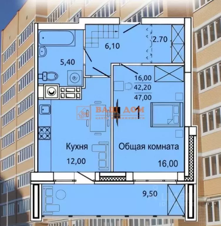1-к кв. Тульская область, Тула ул. Седова, 20Г (42.4 м) - Фото 2