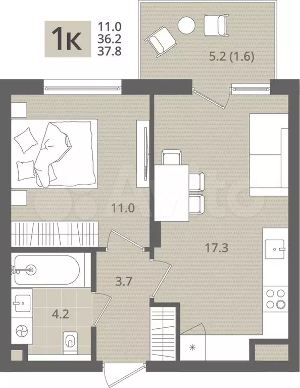 1-к. квартира, 37,8 м, 1/7 эт. - Фото 1