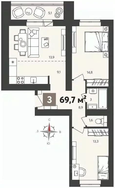 3-к кв. Пензенская область, Пенза Новелла жилой комплекс, с2 (69.7 м) - Фото 0