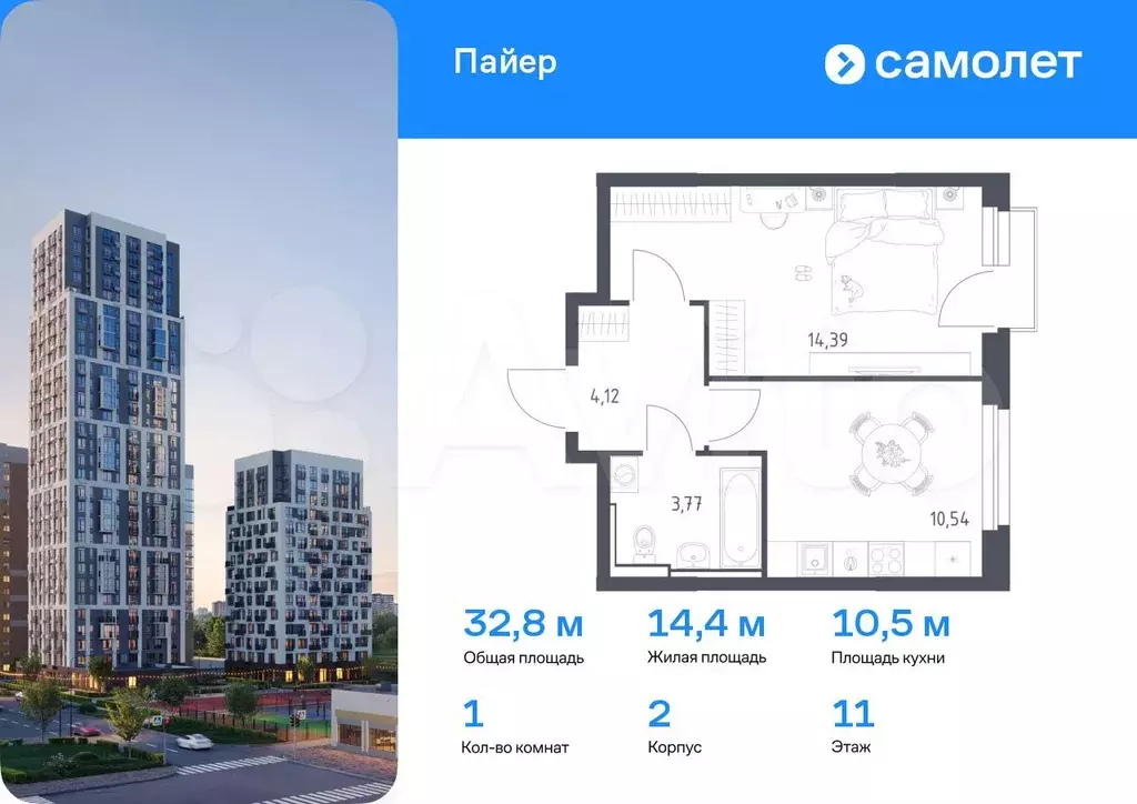 1-к. квартира, 32,8 м, 11/16 эт. - Фото 0