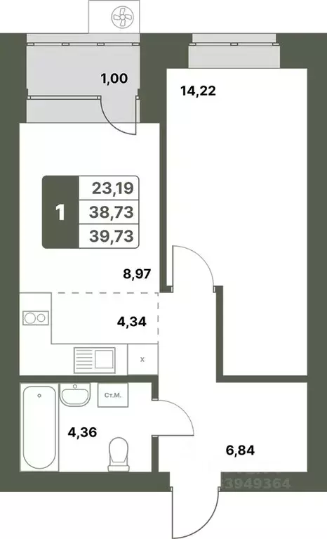 1-к кв. Башкортостан, Уфимский район, с. Миловка  (39.73 м) - Фото 1