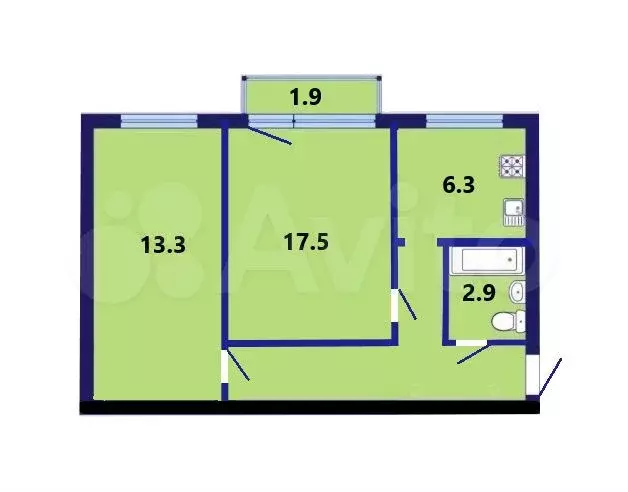 2-к. квартира, 46 м, 4/5 эт. - Фото 0