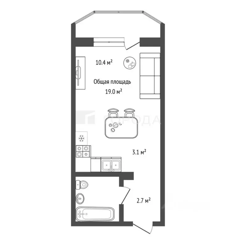 Студия Новосибирская область, Новосибирск Березовая ул., 19 (19.0 м) - Фото 1