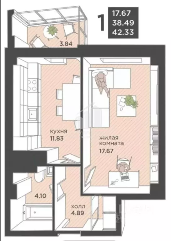 1-к кв. Калининградская область, Калининград ул. Гайдара, 90 (42.5 м) - Фото 2
