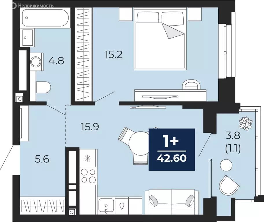 1-комнатная квартира: Тюмень, улица Тимофея Чаркова, 77/1 (45.3 м) - Фото 1