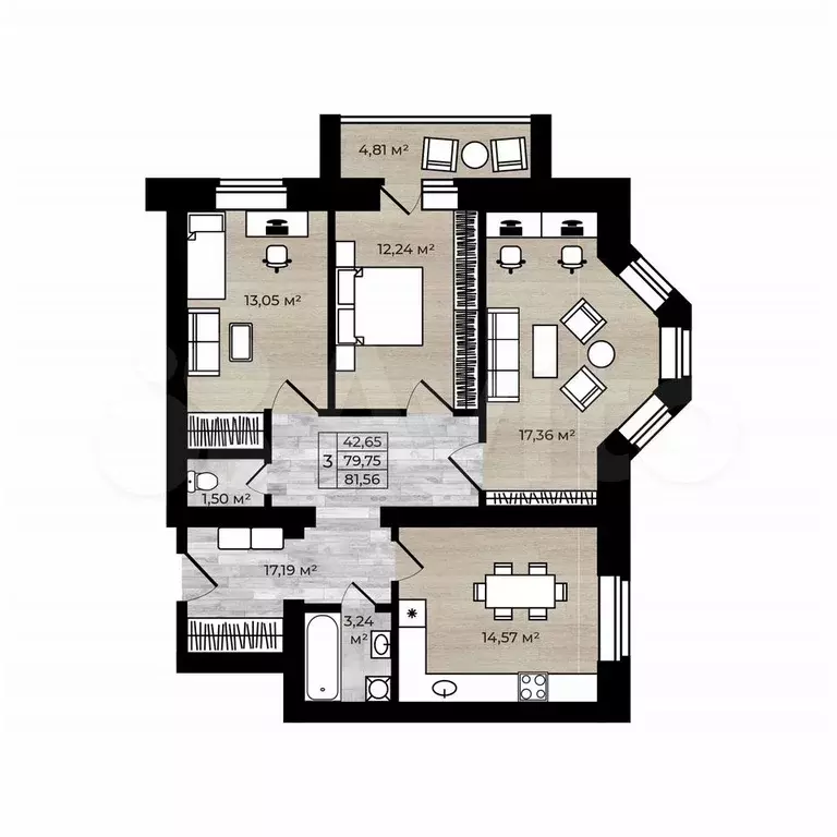 3-к. квартира, 81,6 м, 5/5 эт. - Фото 0