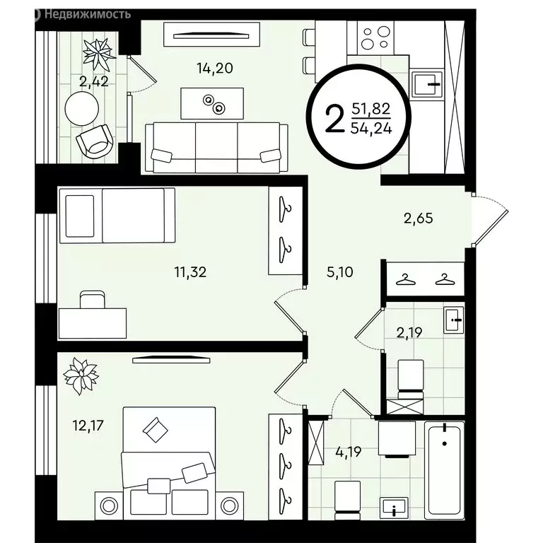 2-комнатная квартира: Тюмень, улица Александра Звягина, 6 (54.24 м) - Фото 0