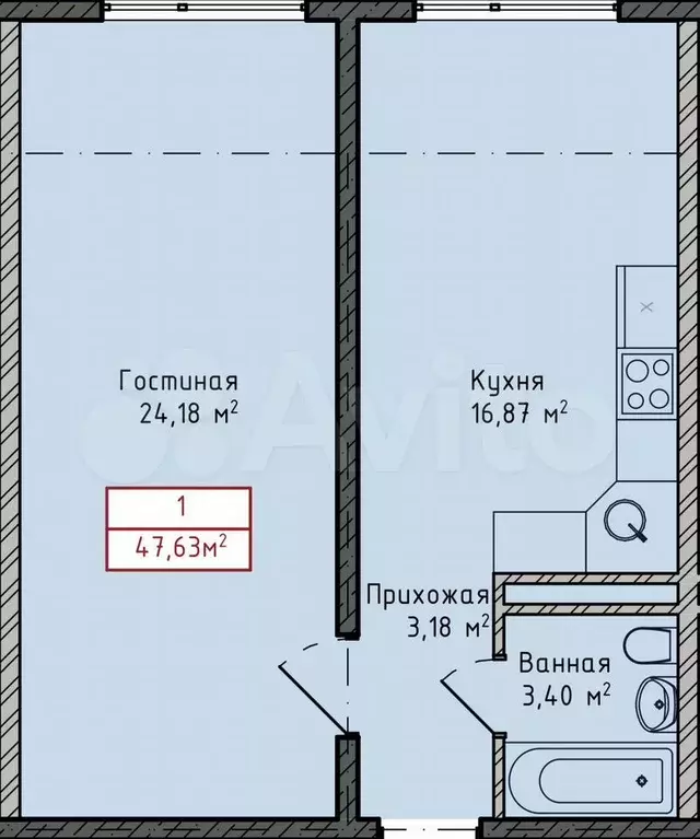1-к. квартира, 47,6 м, 7/8 эт. - Фото 1
