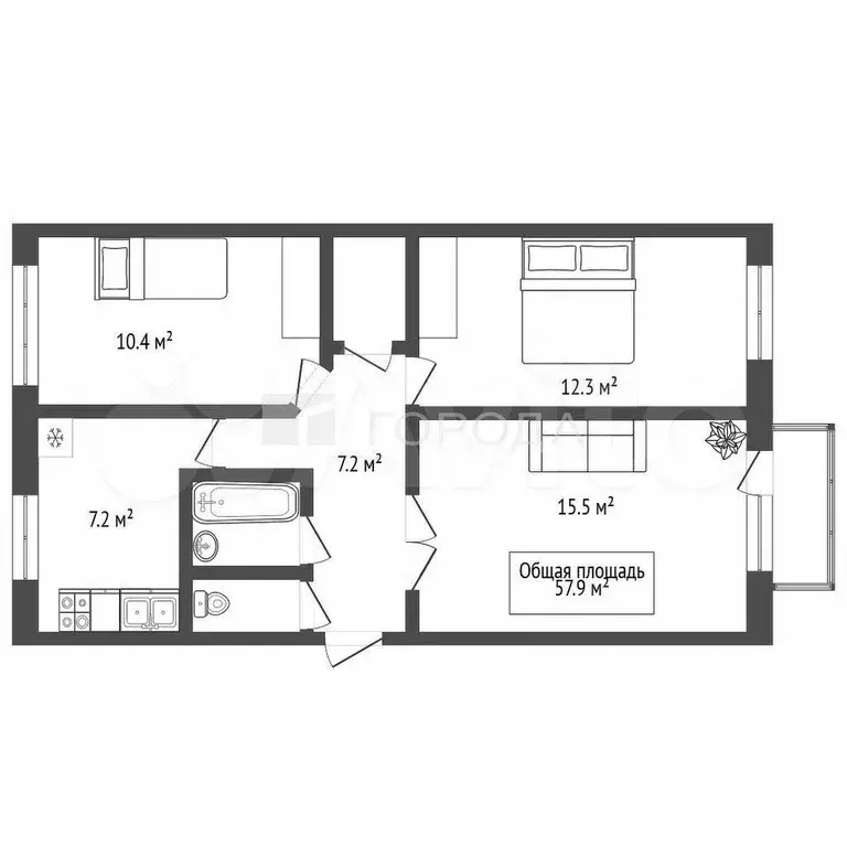 3-к. квартира, 58,4 м, 4/5 эт. - Фото 1