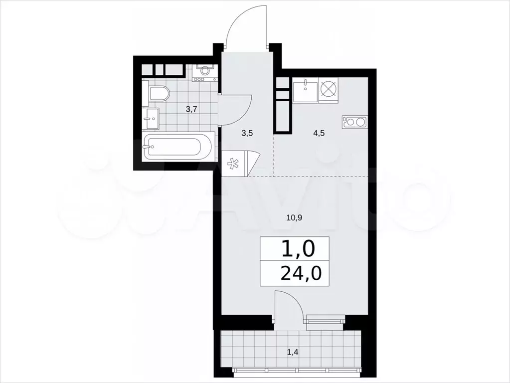 Квартира-студия, 24м, 10/14эт. - Фото 1