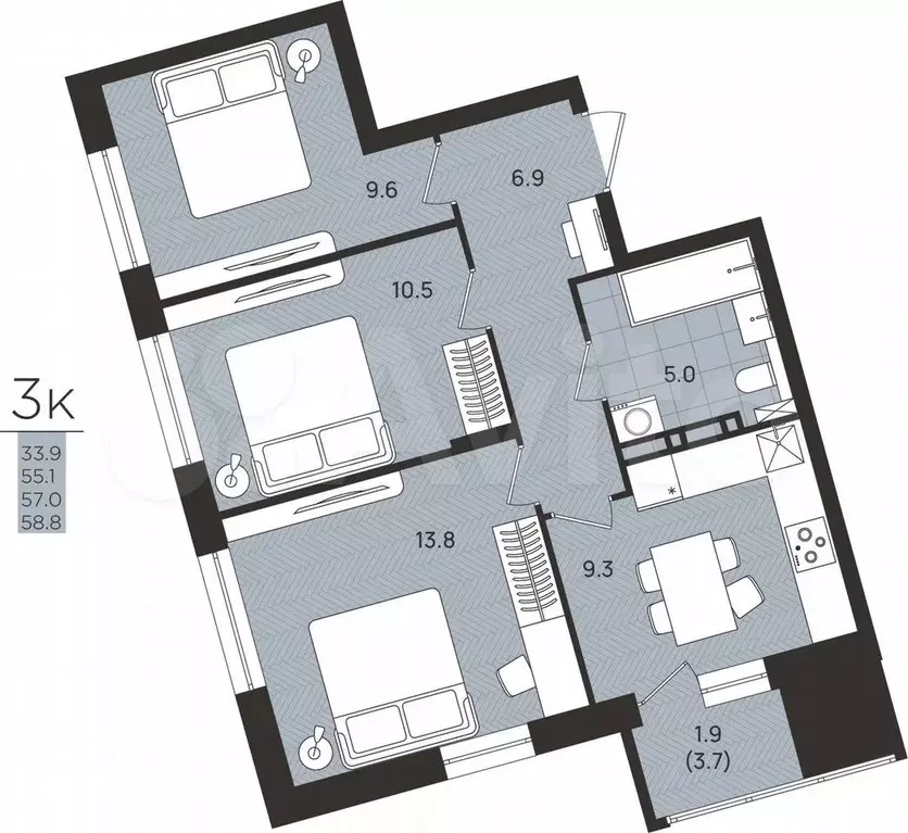 3-к. квартира, 57 м, 6/8 эт. - Фото 0