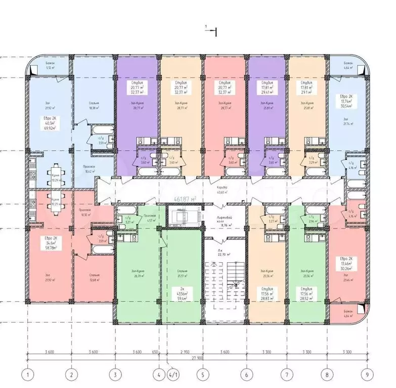 Апартаменты-студия, 29,4м, 5/8эт. - Фото 1