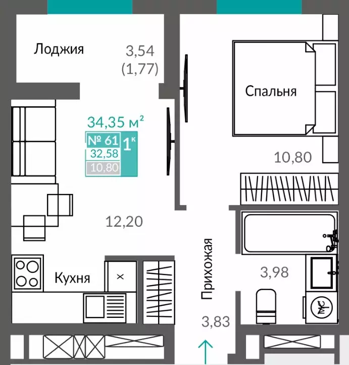 1-к квартира, 32.58 м - Фото 0