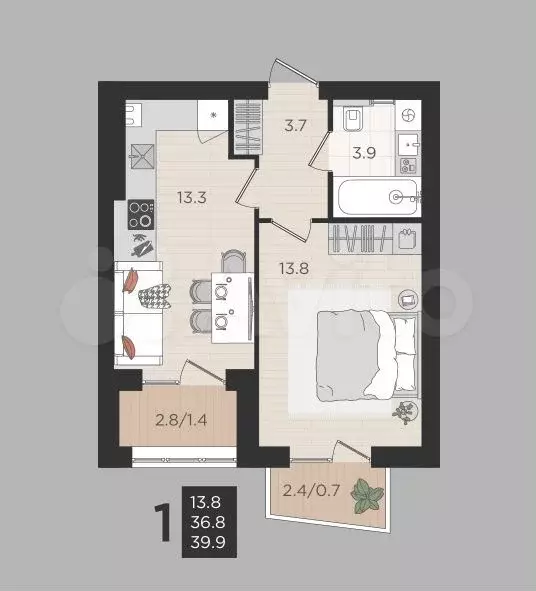 1-к. квартира, 39,9 м, 2/4 эт. - Фото 1