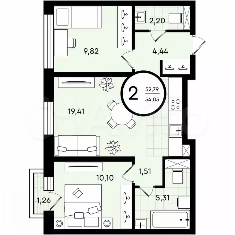 2-к. квартира, 54,1 м, 3/4 эт. - Фото 0