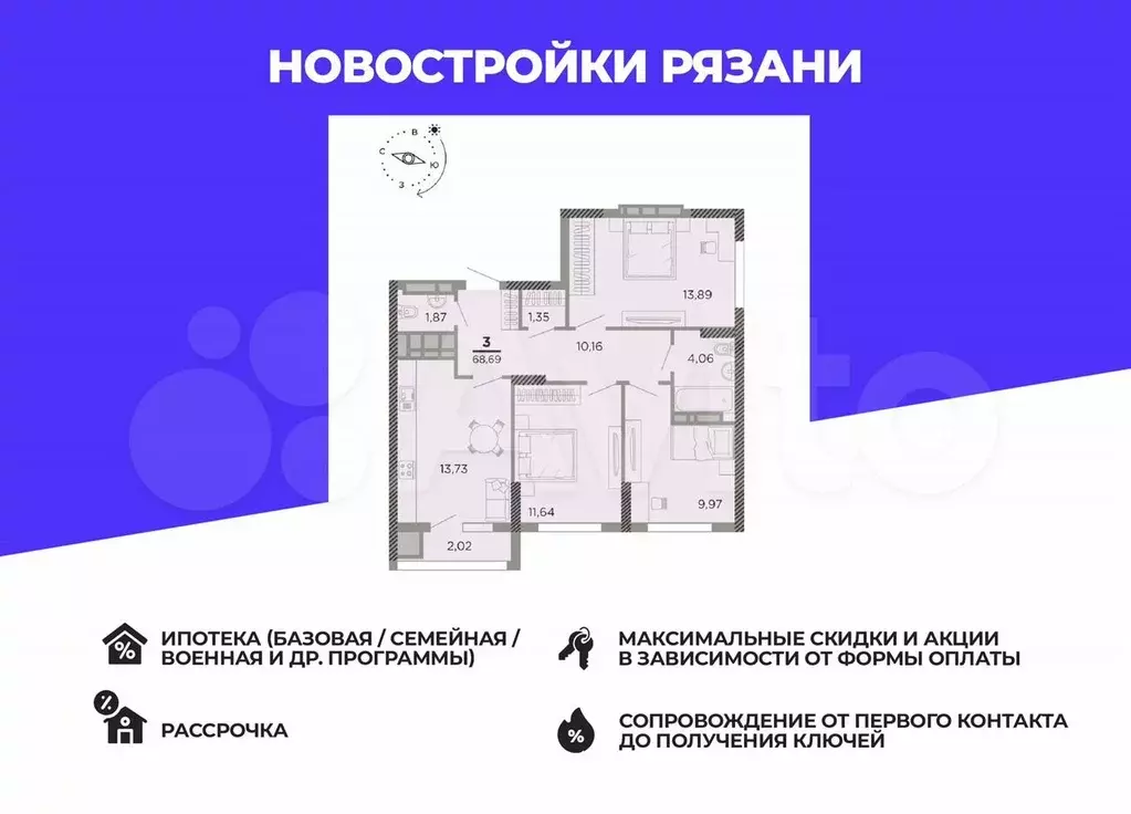 3-к. квартира, 67,7 м, 19/24 эт. - Фото 0
