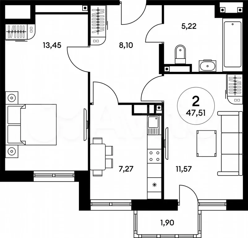 2-к. квартира, 47,4 м, 15/25 эт. - Фото 1