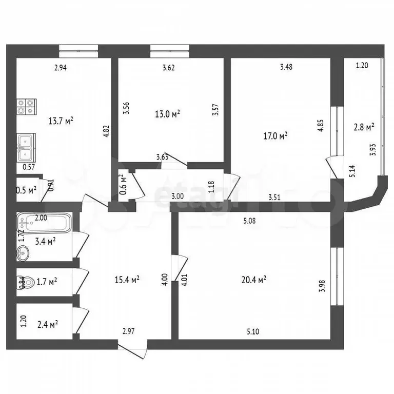 3-к. квартира, 88,1 м, 1/5 эт. - Фото 0