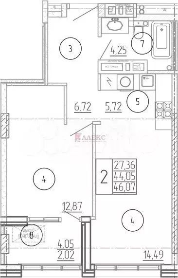 2-к. квартира, 44,1 м, 20/24 эт. - Фото 1